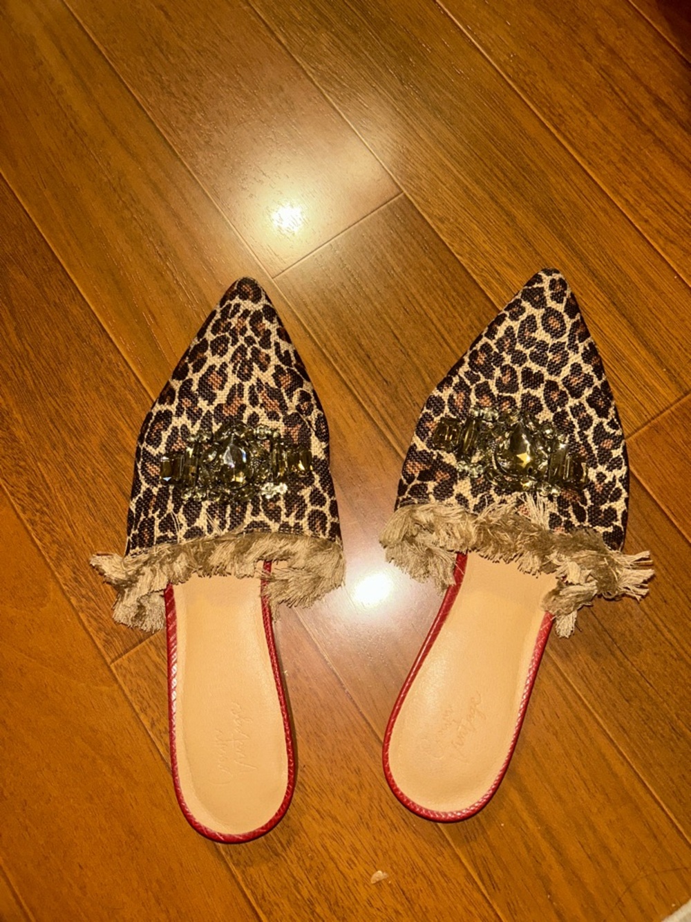 Crown Vintage Leopard Print Pointed Mules with Jewel Accent